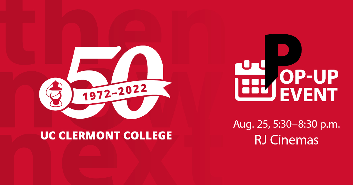 Join us for a free pop-up event to kick off our 50th anniversary celebrations next Thursday, Aug. 25, from 5:30 – 8:30 p.m. at RJ Cinema Distillery &amp; Taproom in Eastgate. Food, drinks and Singo! Free drink for first 50 attendees. ucclermont.edu/50.html

#UCC50 #50years