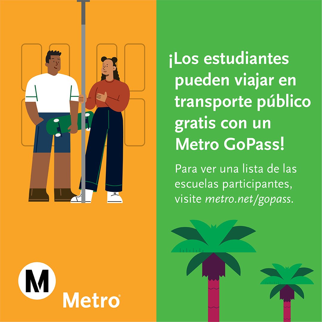 Metro offers an array of discounted fare programs: Students K-12, Low Income Fare is Easy program, College/Vocational students, Seniors 62+, Persons with Disabilities & EZ Pass. Students can ride @metrolosangeles transit for free. Visit metro.net/gopass for details.