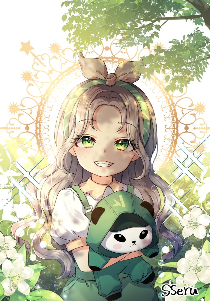 1girl green eyes smile green hairband long hair flower looking at viewer  illustration images