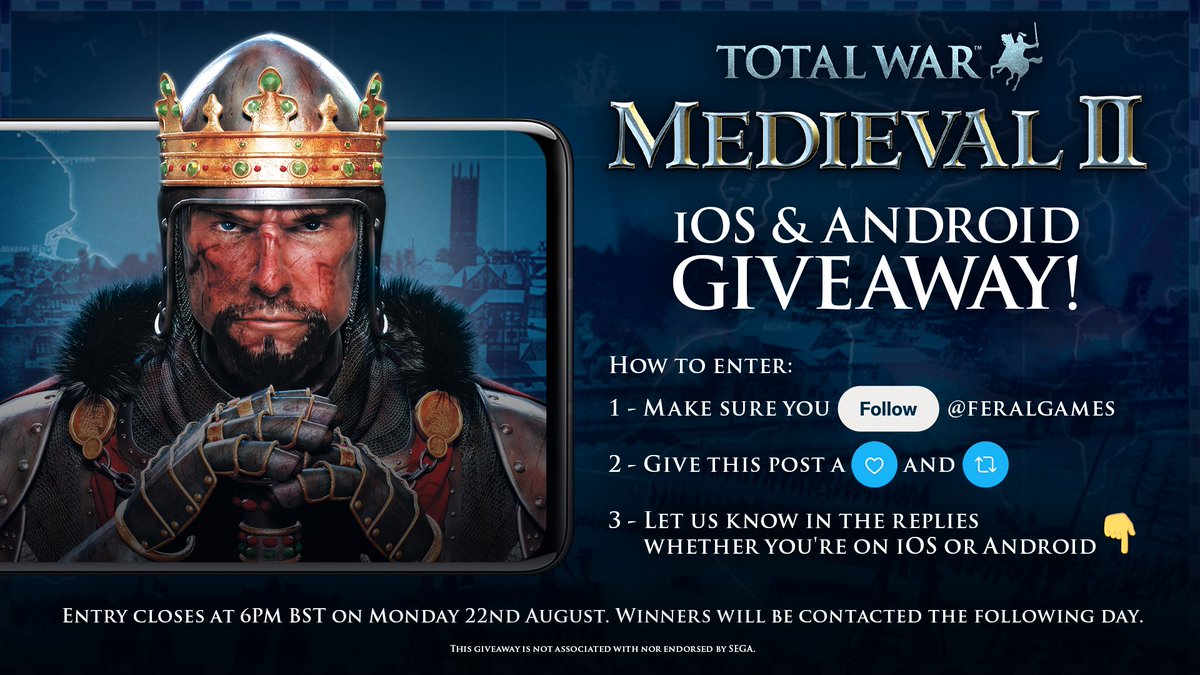 feralgames's tweet image. To celebrate Medieval: Total War turning 20, we’re giving away 20 free copies of Total War: MEDIEVAL II on mobile!

Follow the steps below for your chance to win 👇. Entry closes at 6PM BST on Monday 22nd August.
