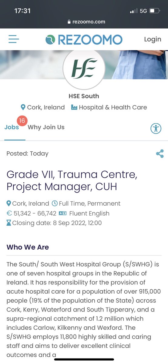 Cork University Hospital Major Trauma Centre (@corktrauma) on Twitter photo #jobfairy 📣 Come join our team <a href="/CorkTrauma/">Cork University Hospital Major Trauma Centre</a> Please spread the word re exciting opportunity for Project manager post <a href="/WeHSCPs/">National HSCP Office, HSE</a> <a href="/INMO_IRL/">Irish Nurses & Midwives Organisation</a> <a href="/CuhANP/">CUH Advanced Nurse Practitioners</a> <a href="/cuh_hscp/">CUH_HSCP</a> <a href="/Magnet4europeH/">Magnet4Europe Cork University Hospital</a>
Follow job links irishjobs.ie/Trauma-Jobs ie.jooble.org/jobs-trauma/Co… rezoomo.com/company/hse-so… #jobfairy 📣 Come join our team <a href="/CorkTrauma/">Cork University Hospital Major Trauma Centre</a> Please spread the word re exciting opportunity for Project manager post <a href="/WeHSCPs/">National HSCP Office, HSE</a> <a href="/INMO_IRL/">Irish Nurses & Midwives Organisation</a> <a href="/CuhANP/">CUH Advanced Nurse Practitioners</a> <a href="/cuh_hscp/">CUH_HSCP</a> <a href="/Magnet4europeH/">Magnet4Europe Cork University Hospital</a>
Follow job links irishjobs.ie/Trauma-Jobs ie.jooble.org/jobs-trauma/Co… rezoomo.com/company/hse-so…