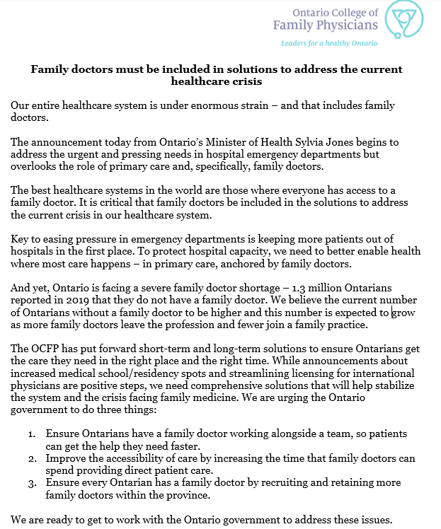 OntarioCollege's tweet photo. The best healthcare systems in the world are those where everyone has access to a family doctor. It is critical that family doctors be included in the solutions to address the current crisis in our healthcare system.
See our statement in response to Ontario's Plan to Stay Open https://t.co/XlPEVQnmuC