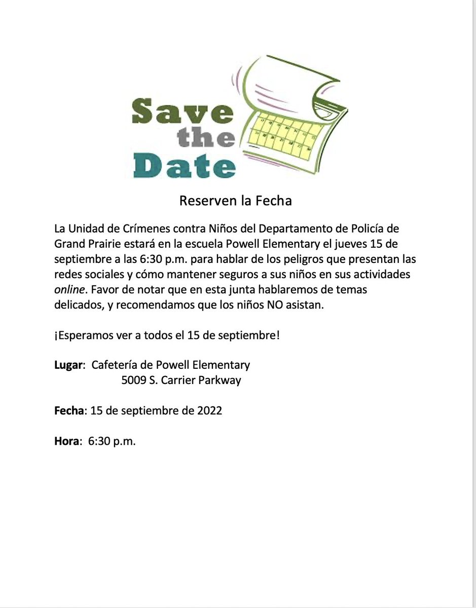 Hello parents,
Because we are in the technology age, it is imperative that we protect our children from the dangers of social media. Please join me at Powell Elementary on, September 15, at 6:30, for an extremely important parent workshop. See attached flyer. <a href="/GPISDCounseling/">GPISD Counselors</a>