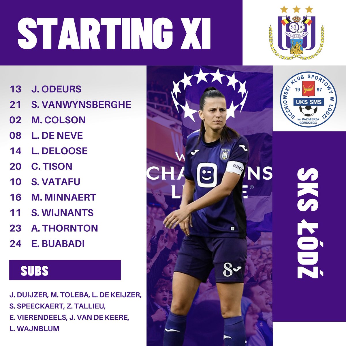Mauveside's tweet photo. This is how #RSCAWomen 🟣⚪️ line-up to face SMS Łódź tonight! @UWCL
📺 Mauve TV (20:00)
#RSCA #COYM https://t.co/hcamOnniXK