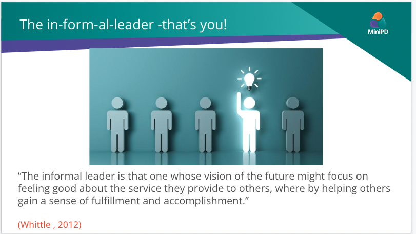 MyMiniPD's tweet photo. #MiniPD Coach @nicknwolisa coins the phrase "in-form-al" leader to capture the idea that when we are "informed" we have the ability to lead others. #MiniPDChat https://t.co/7Qdr3ez6H5