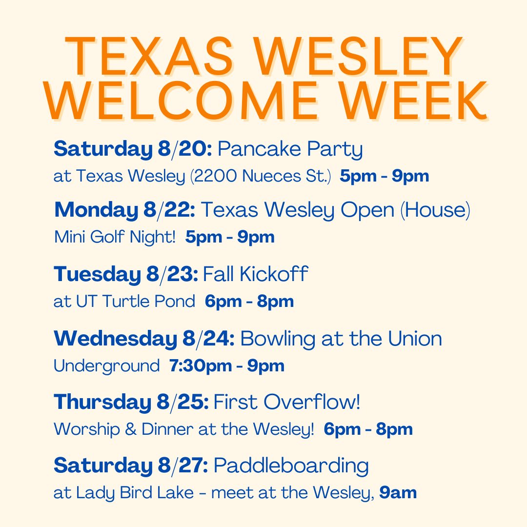 TexasWesley's tweet photo. Looking for free food and friendly faces during Welcome Week? Come by the Texas Wesley! 

We can’t wait to meet you! https://t.co/ZOKUv5biRA