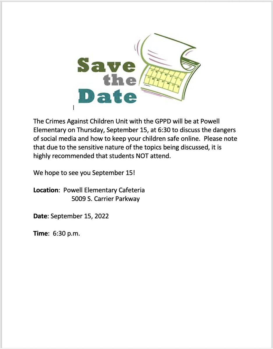 MiMocounselor's tweet photo. Hello parents,
Because we are in the technology age, it is imperative that we protect our children from the dangers of social media. Please join me at Powell Elementary on, September 15, at 6:30, for an extremely important parent workshop. See attached flyer. @GPISDCounseling https://t.co/SY7hAuDyt6