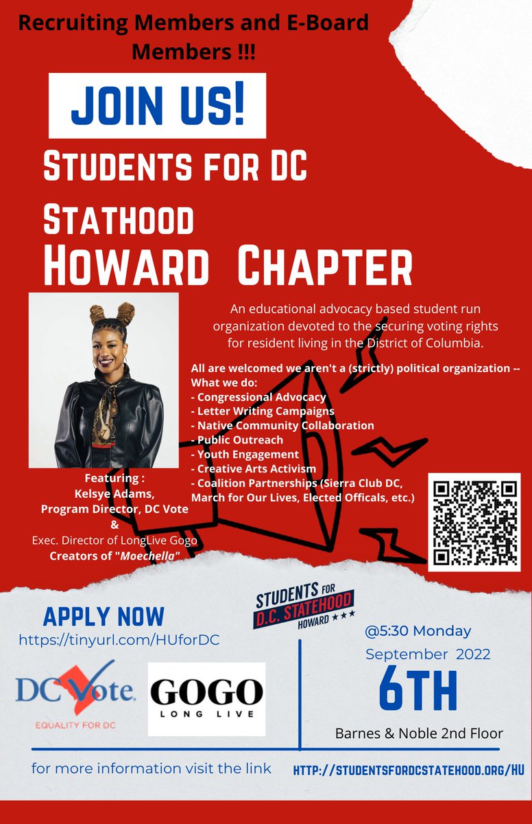 Join Now! 

Actively recruiting E-Board Members &amp; new members passionate about voting rights. We’re an advocacy based (non-partisan) student led organization 

Sign up to join at 
Tinyurl.com/HuForDC