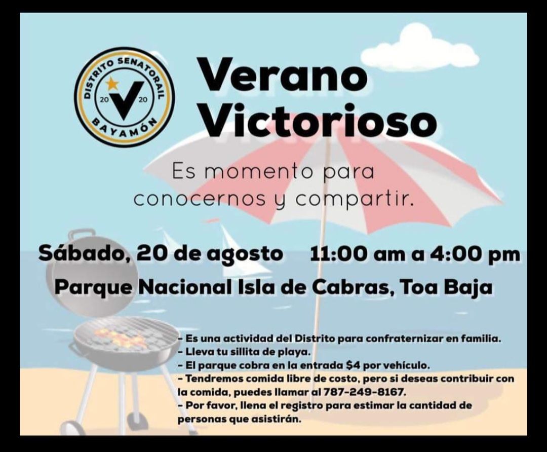 @LBPR13 @manuelnatal @VictoriaPorPR Pues quedan cordialmente invitades al Cierre de Verano Victorioso del Distrito de Bayamón este sábado, 20 de agosto, en el Parque Nacional de Isla de Cabra en Toa Baja. Nos vemos allí!