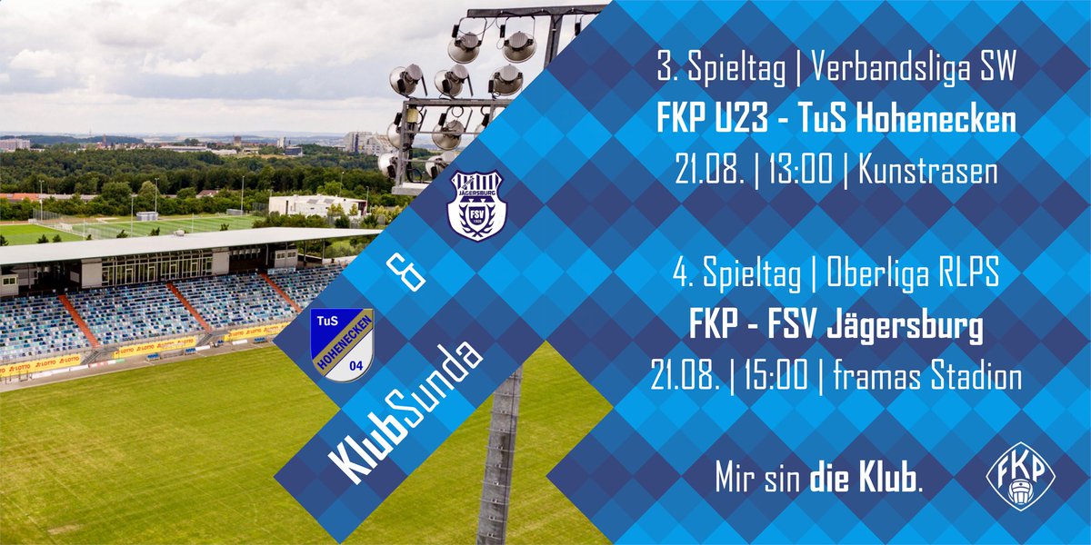 fkpirmasens's tweet photo. Heute ist #Spieltag - und das gleich doppelt! Zuerst trifft unsere #U23 ab 13 Uhr auf den TuS Hohenecken, dann empfängt #DieKlub in der Oberliga ab 15 Uhr den FSV Jägersburg. Alles Wichtige zu den beiden Heimspielen gibt es vorab im Vorbericht: https://t.co/BEM6BkJhPD #FKPFSV https://t.co/kyXwiRHyVl
