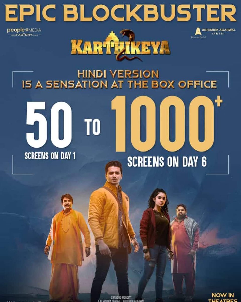 CinemaUpdates7's tweet photo. #Karthikeya2Hindi is continuing its sensational run at the Box Office ❤️‍🔥

The movie is being screened at 1000+ SCREENS 🔥🔥

Book your tickets now 💥
- https://t.co/Iv7dpJKava

#KrishnaIsTruth
@actor_Nikhil @anupamahere @AnupamPKher @chandoomondeti @peoplemediafcy https://t.co/YyKubSLYyX