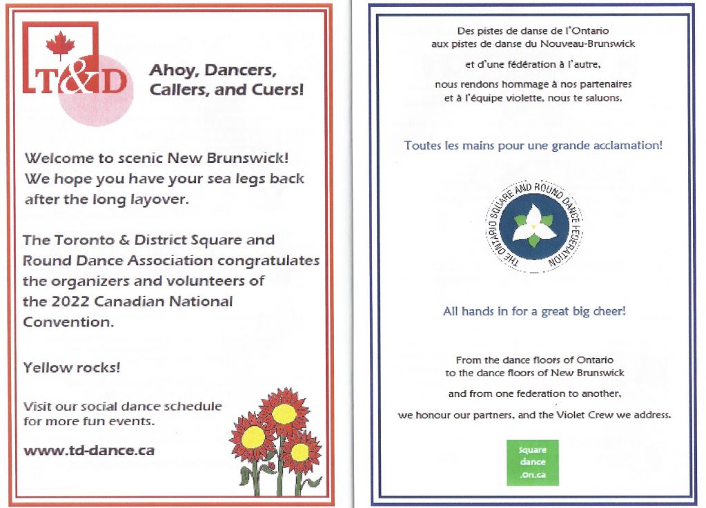 TD_dancing's tweet image. part of our promotional strategy is print ads (where avail). Here's ours, along with the #Ontario Federation, from the recent souvenir programme from the Canadian National Convention in Fredericton #NB. #squaredance #marketing