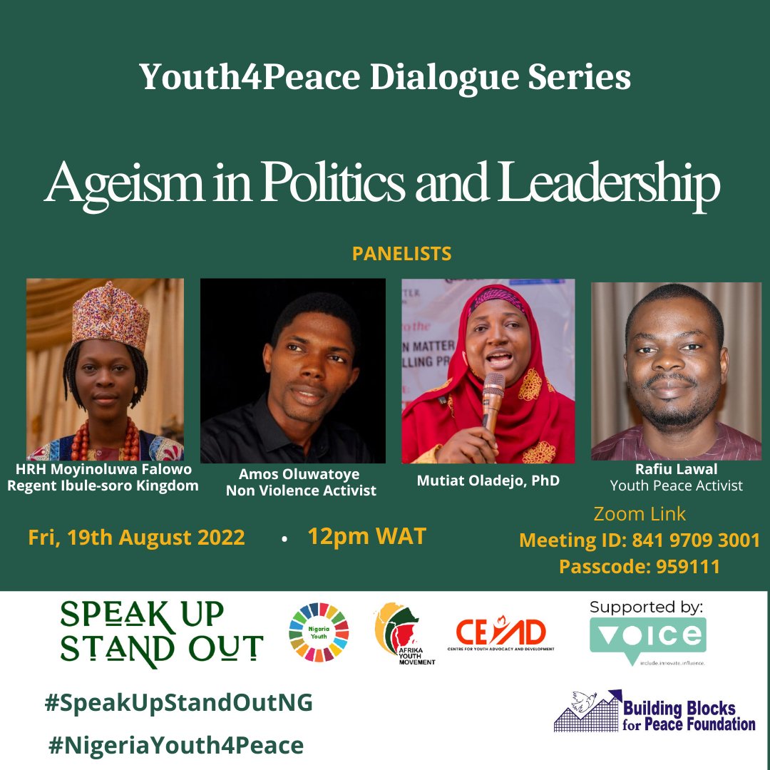 For Youth Day 2022, Join us for the #Youth4Peace Dialogue on the theme 'Ageism in Politics and Leadership'. The webinar will provide an opportunity for stakeholders to exchange views on the topic of intergenerational solidarity and ageism in politics. Powered by @susoprogram