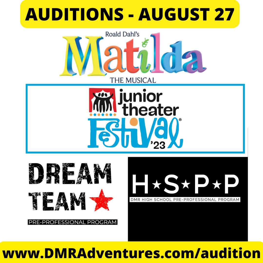 dmradventures's tweet photo. Audition appointments for MATILDA (Conservatory), JTF 2023 (JTF Atlanta and JTF West), and our Pre-Professional Programs are now available. If you cannot make the auditions on August 27, you may submit an audition link. Don't miss out! https://t.co/bP5jGWlIDp
#audition https://t.co/0IWMxbzWpg