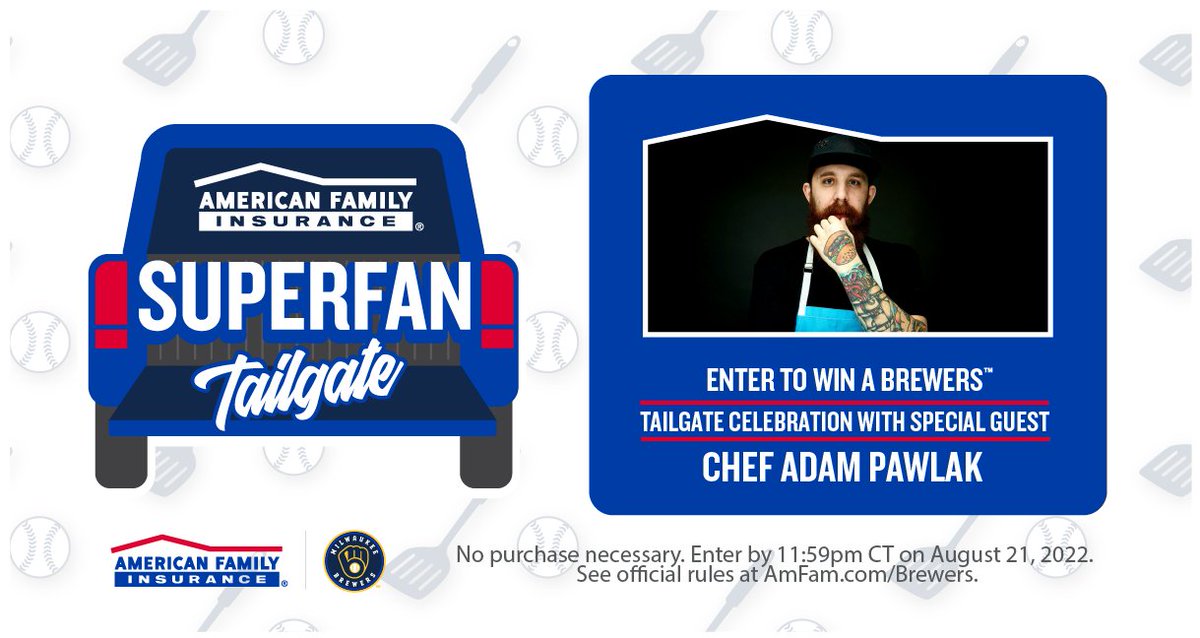 amfam's tweet photo. Hey @Brewers fans! Enter by August 21 for your chance to win an exclusive tailgate experience fit for you and your Brew Crew, complete with local celebrity chef and Restaurateur, Adam Pawlak, cooking up your tailgate favorites! https://t.co/LilnBx1leP https://t.co/qdvtzWSFrr