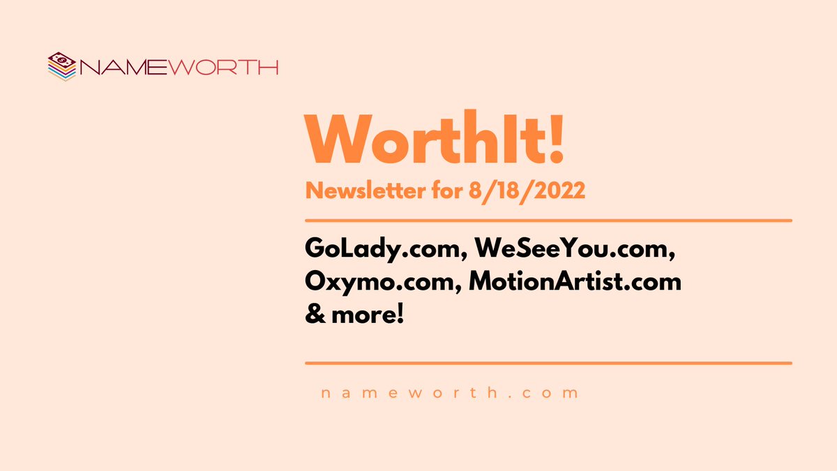 WorthIt! - 24 domains today including GoLady․com, WeSeeYou․com, Oxymo․com, MotionArtist․com

nameworth.com/newsletter.php…

#domains #domainsforsale