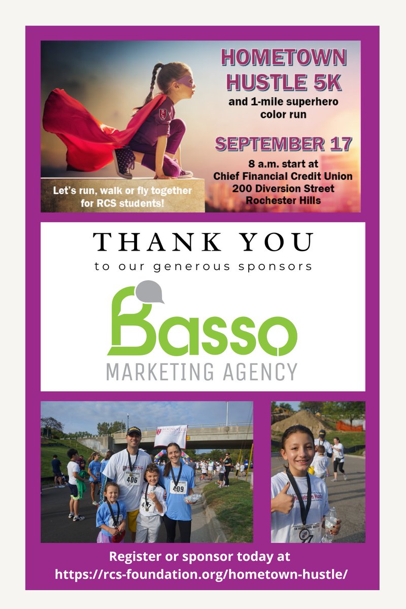 Grab your friends &amp; family and head to downtown Rochester on Sept. 17 for the Hometown Hustle 5K. Join community partners including <a href="/BassoAgency/">Basso Marketing Agency</a> in supporting RCS students. Competitive runners &amp; casual walkers of all ages are welcome! rcs-foundation.org/hometown-hustl…. #RCSFcares