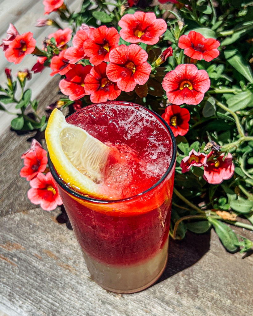 How we're celebrating this absolutely perfect patio weather: The Spring Spritz ft. vodka, hibiscus sugar, and Circle City kombucha 🌺