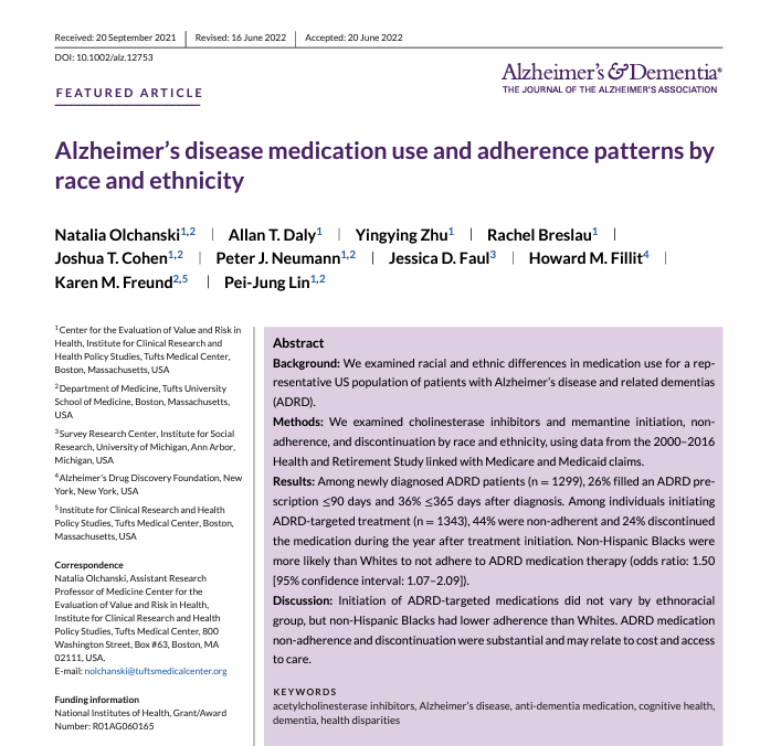 TuftsCEVR's tweet photo. New @alzdemjournals paper by @NOlchanski et al on #Alzheimers treatment disparities calls for providers and policymakers to work to identify factors limiting timely diagnosis and treatment and develop strategies to overcome those barriers. https://t.co/hwQxgB90ah https://t.co/ZMCdek04Xr
