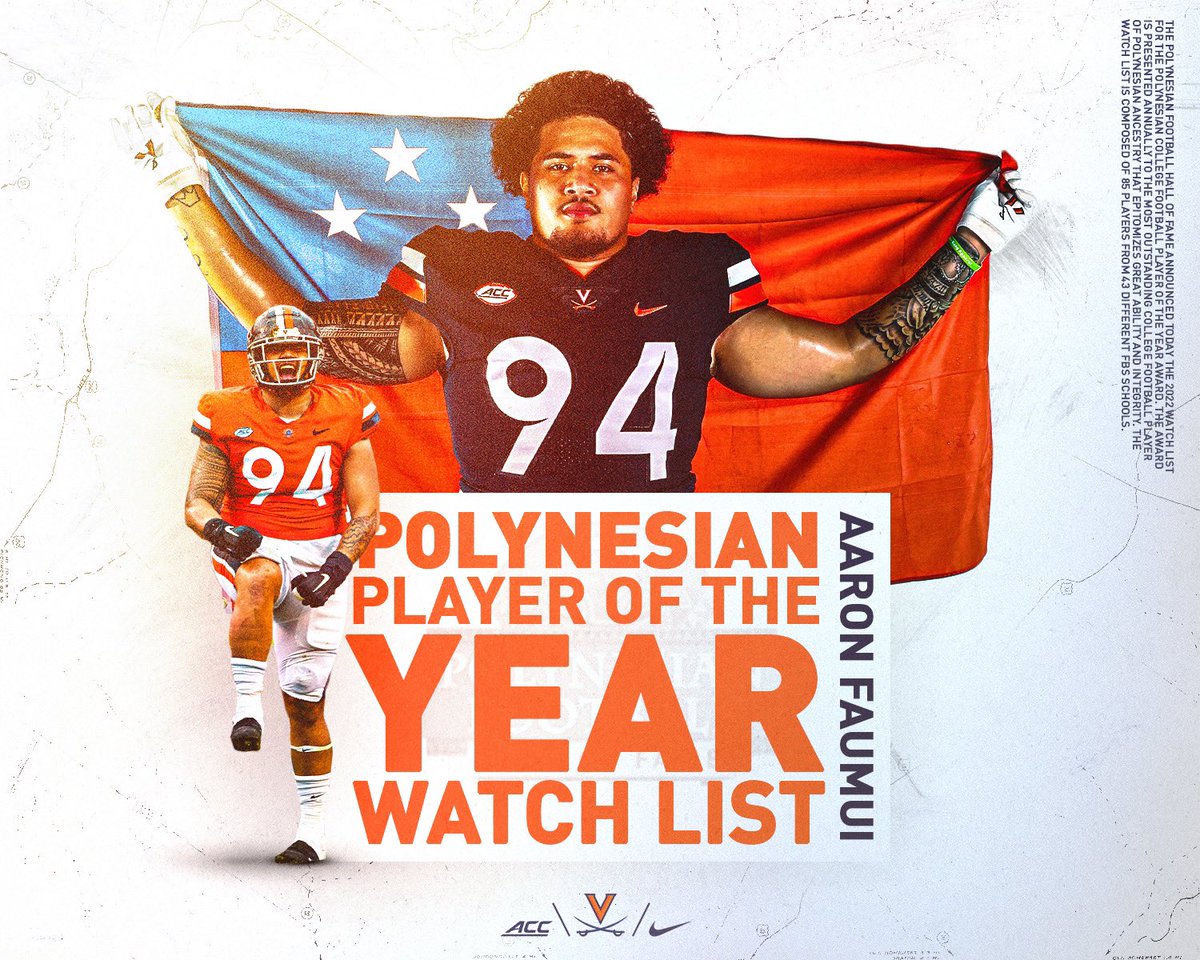 Virginia Football (@uvafootball) on Twitter photo Congrats to <a href="/AaronFaumui/">Aaron Faumui 🇼🇸</a> for being named to the Polynesian Player of the Year Watch List!
#GoHoos⚔️ Congrats to <a href="/AaronFaumui/">Aaron Faumui 🇼🇸</a> for being named to the Polynesian Player of the Year Watch List!
#GoHoos⚔️