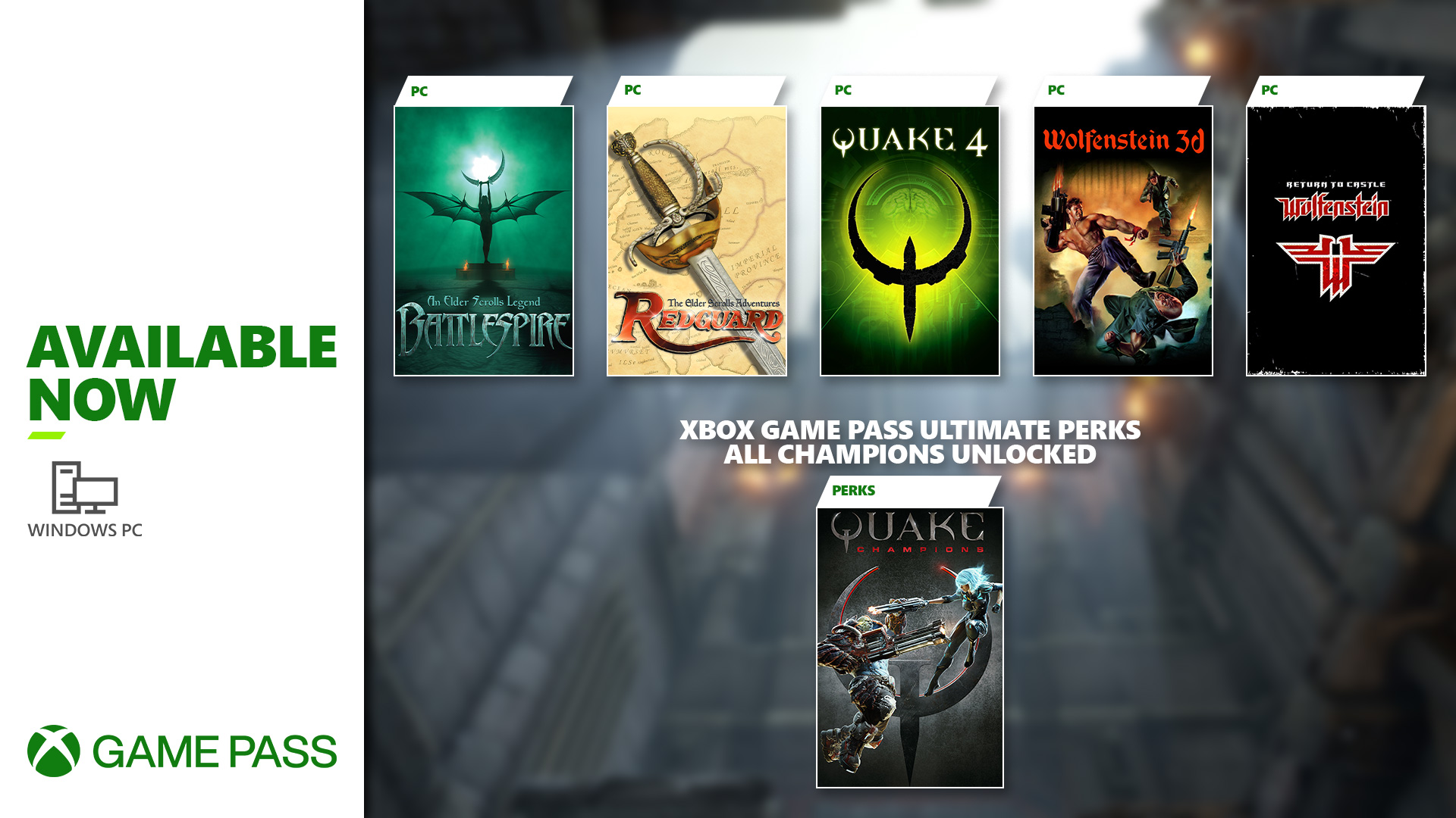 An Elder Scrolls Legend: Battlespire, The Elder Scrolls Adventures: Redguard, Quake 4, Wolfenstein 3D, Wolfenstein: Return to Castle, and Quake Champions perks are available now with Xbox Game Pass.