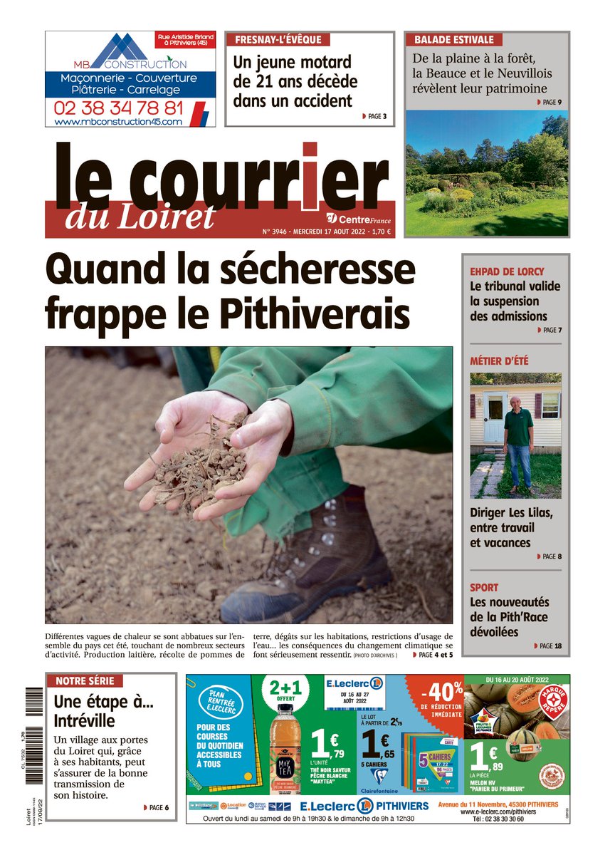 🔴À la Une cette semaine du #Courrier du Loiret : 
Les vagues successives de canicules ont touché de nombreux secteurs d'activité du Nord-Loiret. 

Production laitière, précocité des récoltes, retrouvez plus d'informations dans l'édition de la semaine du Courrier du Loiret ! 🗞