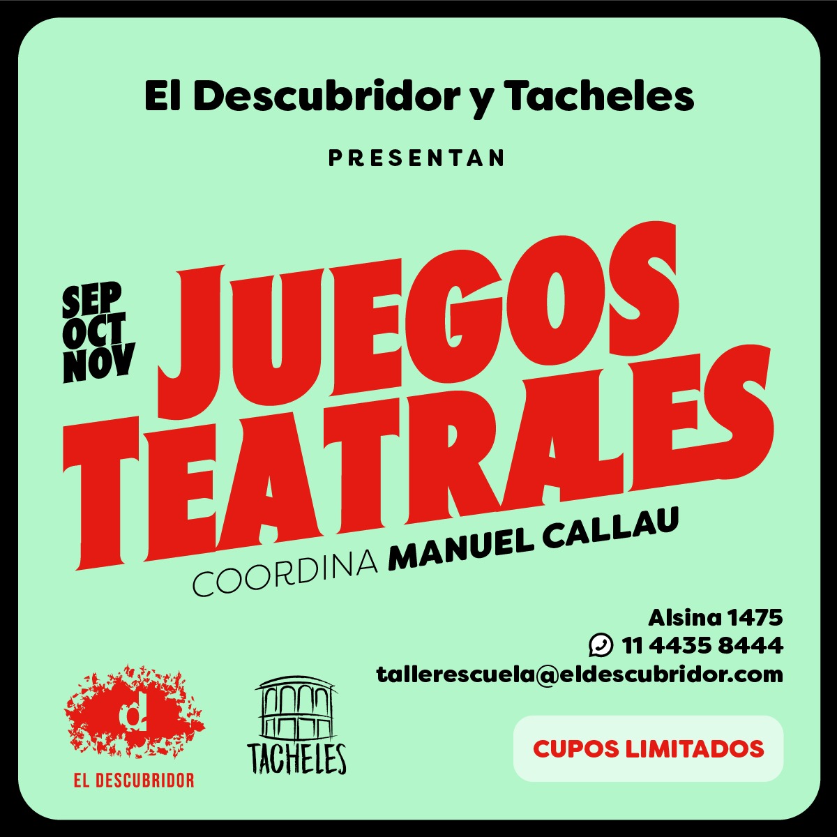 eldescubridorCO's tweet photo. Iniciando una nueva etapa lanzamos un nuevo taller de El Descubridor Taller Escuela junto a Tacheles, en la calle Alsina 1475, zona Congreso. 🌹🎭

➡️ Toda la información la podes encontrar en https://t.co/wZJnWcPq43. https://t.co/QwrKdFKnEI