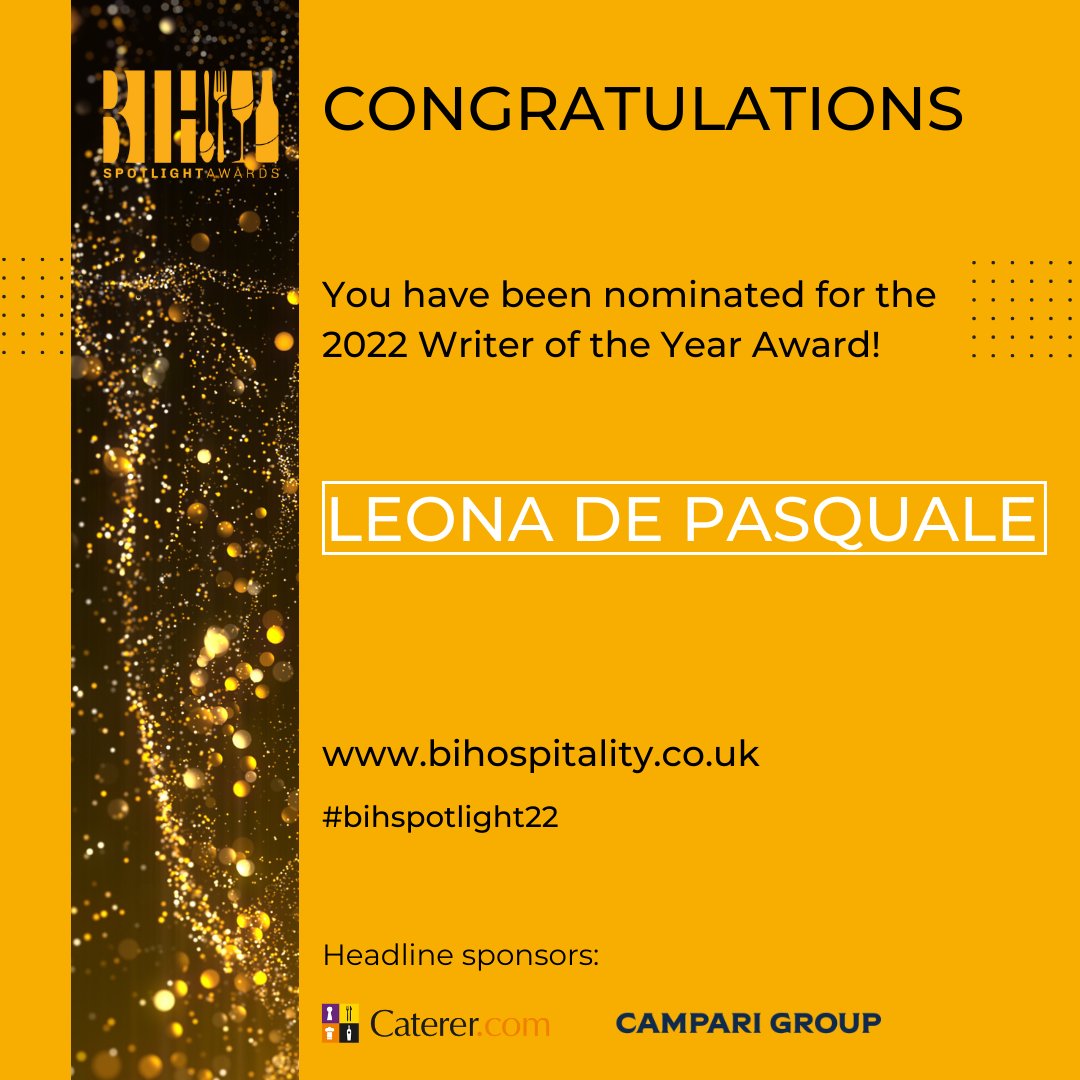 Leona De Pasquale DipWSET ๐น๐ผ๐ฌ๐ง๐ฎ๐น (@leonadepasquale) on Twitter photo Got a lovely email today from <a href="/beinclusivehosp/">Be Inclusive Hospitality</a> as I have been nominated for the Writer of the Year award. ( Just being nominated at this stage so PLEASE help me to get the award by continuing to nominate me.) Link here: bihospitality.co.uk/nominate/ Got a lovely email today from <a href="/beinclusivehosp/">Be Inclusive Hospitality</a> as I have been nominated for the Writer of the Year award. ( Just being nominated at this stage so PLEASE help me to get the award by continuing to nominate me.) Link here: bihospitality.co.uk/nominate/