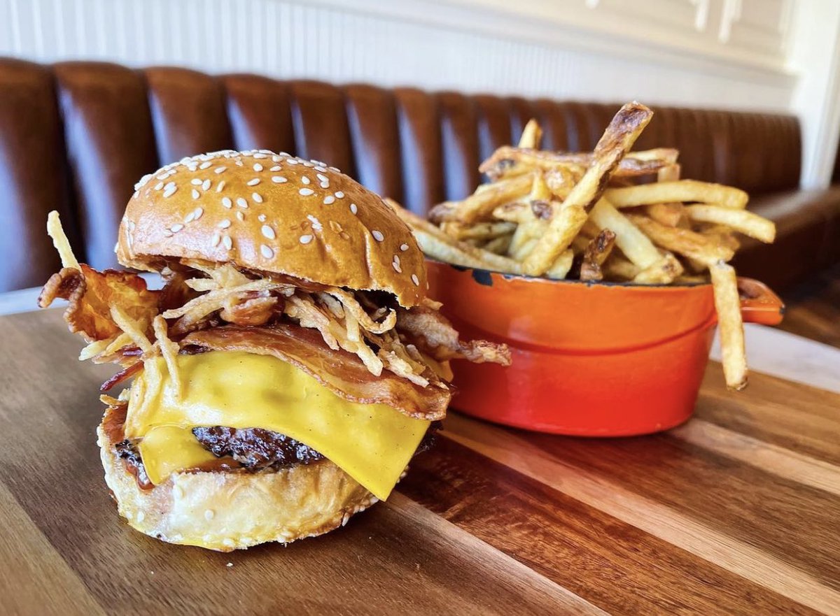 Weekend treat.
Bacon &amp; fried onions piled high over a double stack of juicy patties. 
Order now through your favorite apps or enjoy it on location at @whiskeydiner! 
#GeeBurgerNow