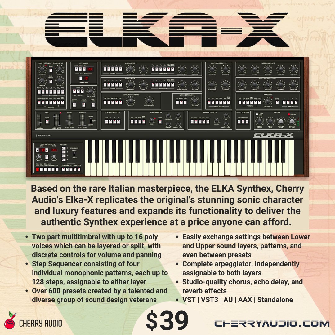 cherryaudiovst's tweet photo. 🎹 NEW and by popular demand❗Elka-X #synthesizer, based upon the legendary ELKA Synthex, is available NOW from Cherry Audio and authorized resellers for the inflation-busting price of only $39. Free demo, tutorial video, fabulous sounds, and more at https://t.co/ycU8rX4Hs7 https://t.co/y6yVXwU9Uk