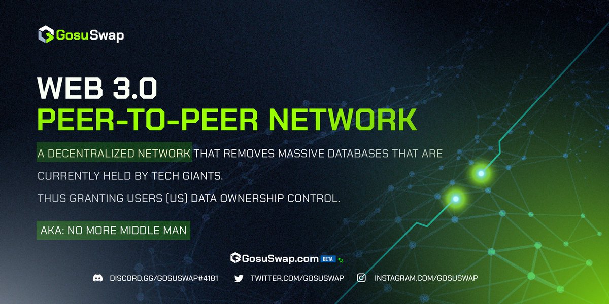 Ever heard the word “peer-to-peer” ?

Peer-to-peer gives you the ability to interact or send transactions with a peer, without an intermediary.

We’re dropping down more terms you need to know to get you onboard to #Web3 

Stay tuned! 🚀

#gosuswap #p2p