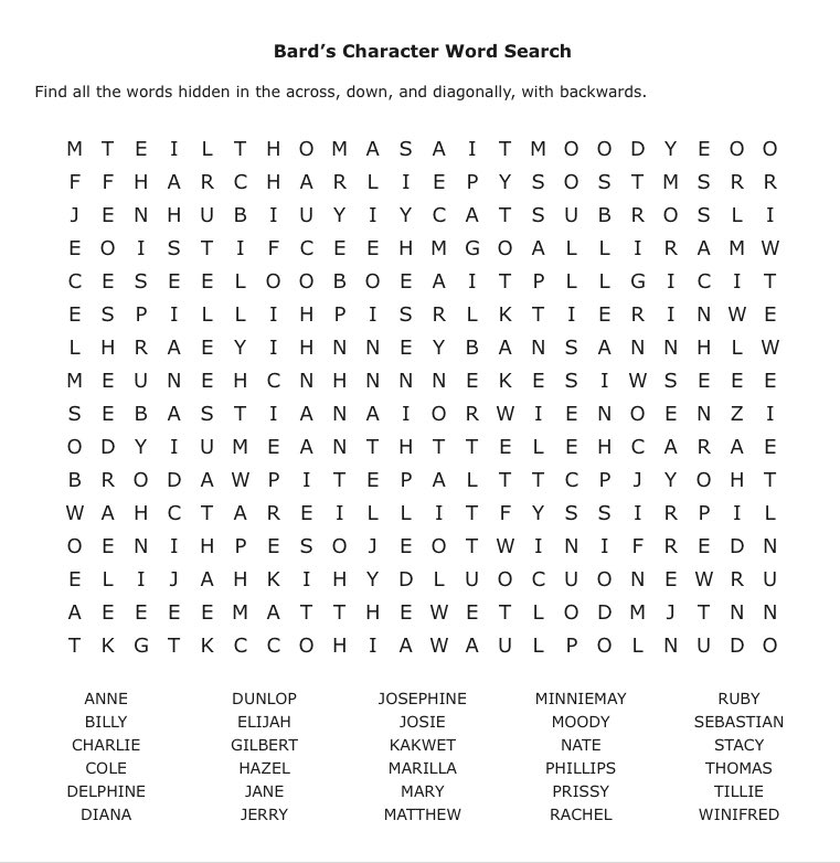 TheAvonleaBard's tweet photo. While everyone is working on voting for the #Awaebracket Bard put together a fun character word search for all you Kindreds ๐ Good luck ๐๐ #renewannewithane https://t.co/UZb7iG4woB