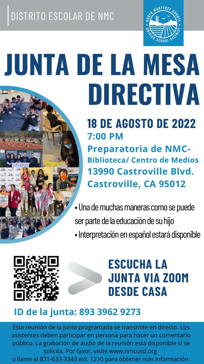 Join us tonight at our regular scheduled School Board Meeting at 7:00PM at NMCHS Media Center. 🏫 Únase con nosotros esta noche en la Junta de la Mesa Directiva a las 7:00PM en el Centro de Medios de la Preparatoria del Condado Norte de Monterey. 🏫