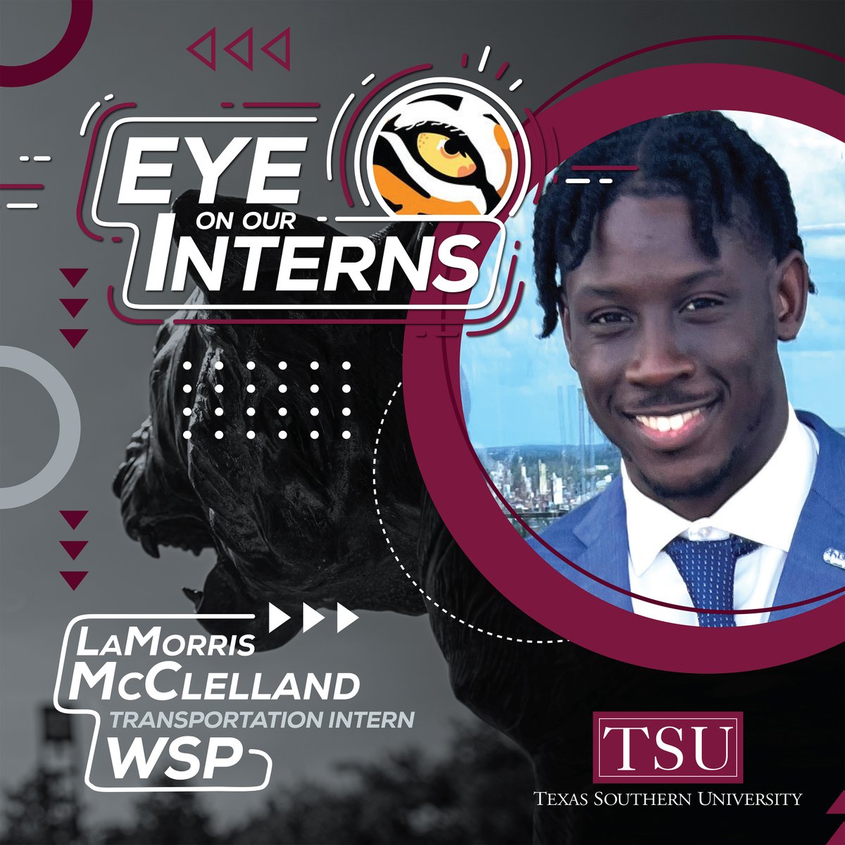 TexasSouthern's tweet photo. Wrapping up this eventful week with a salute to LaMorris McClelland. This summer he completed an internship with @wsp. This senior civil engineering major was a transportation intern, working on pavement reconstruction, freeway modernization, and more. #TSUProud #TSUInterns #TSU https://t.co/D3OOMeZXF7