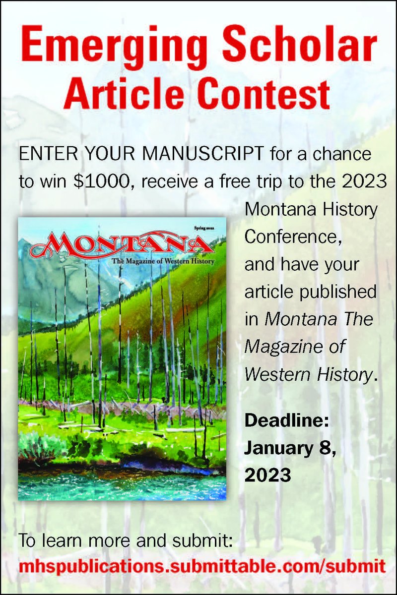 Looking for manuscripts and the prize has grown this year! bit.ly/2P1Lpa1 
#CallforPapers #twitterstorians #mthist #historymajors #AmWest #WritingCommunity #Montana