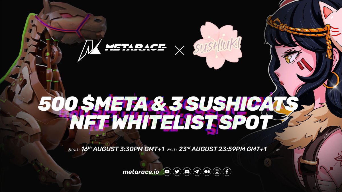 😱😱Big Partnership😱😱
 
<a href="/metarace_io/">🐴 MetaRace Horse Racing</a> X @SushiCatsNft
 
🎁Giveaway🥳
500 $META &amp; X 3x SushiCatsNFT WL spots🥳
To Enter⤵️
➡️ Follow <a href="/metarace_io/">🐴 MetaRace Horse Racing</a>  &amp; @SushiCatsNft
➡️ Like, RT &amp; Tag 3 Friends
➡️ Finish Gleam: gleam.io/FrVI3/-airdrop…

⏰End: 23rd Aug🕑
 
#Giveaway #Airdrop #WL #NFTs