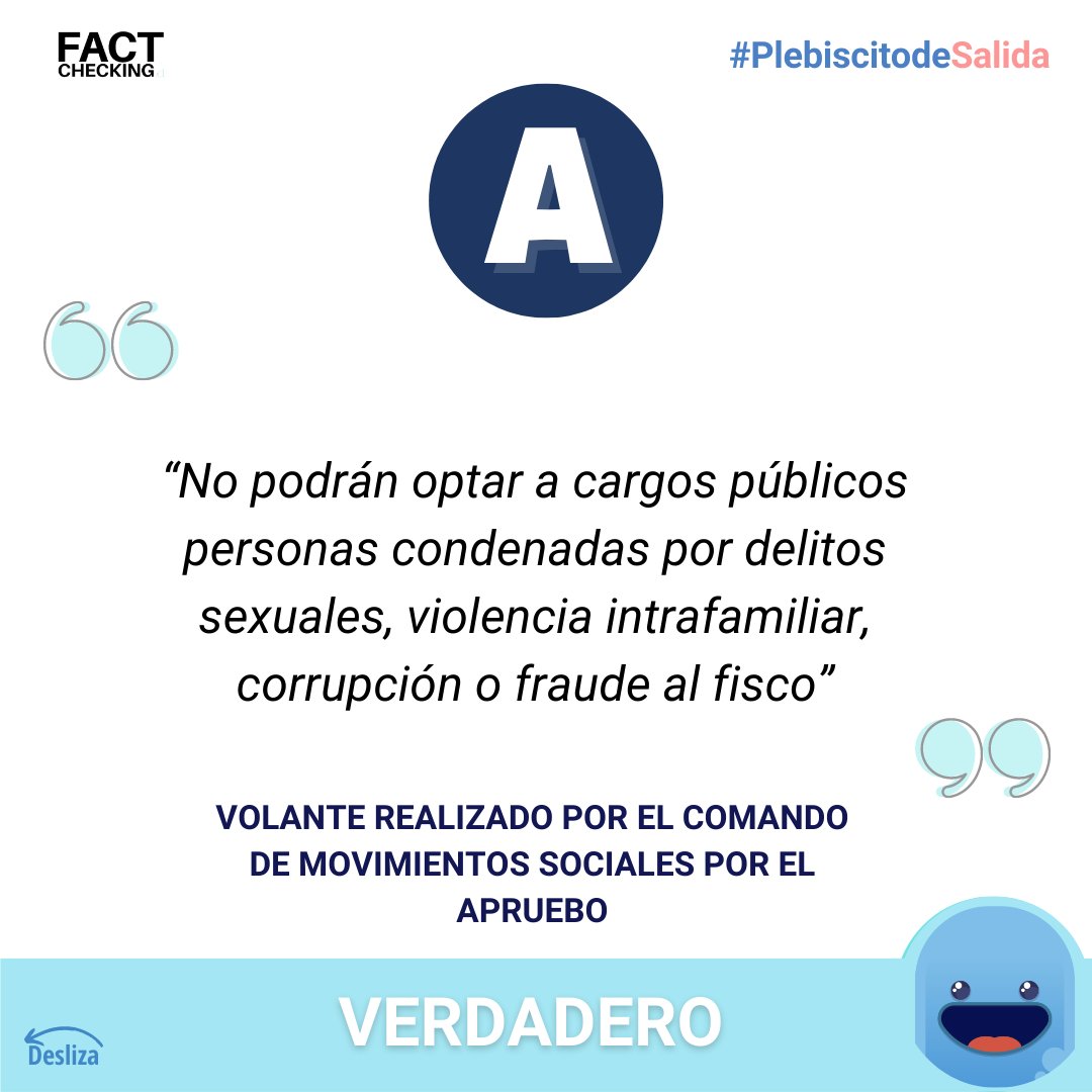 factcheckingcl's tweet photo. 📢La propuesta de nueva Constitución especifica delitos por los que no se puede optar a cargos públicos.

#factchecking #desinformacion #apruebo #PlebiscitoConstitucional #Chile #factcheckingcl https://t.co/6LiTB4ECpm