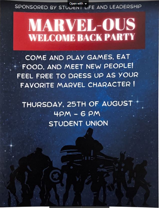 Be sure to stop by the Student Union on 8/25 for a little welcome back fun!