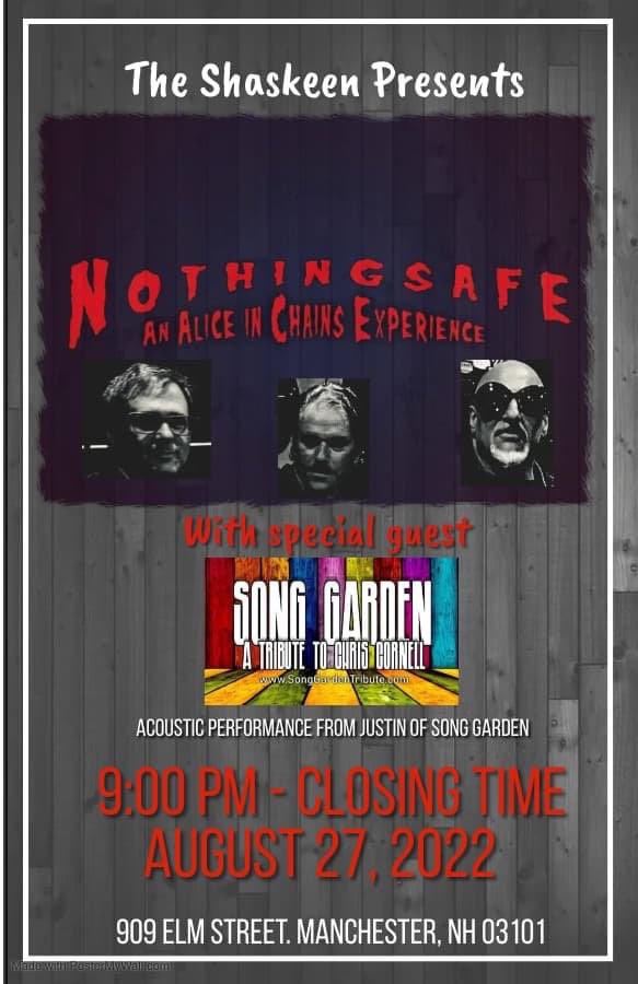 SongGarden (@songgardenband) on Twitter photo SATURDAY AUGUST 27th! .<a href="/TheShaskeenPub/">The Shaskeen Pub</a> in Manchester NH, come see Nothingsafe: An Alice In Chains Experience plus an acoustic set from .<a href="/SongGardenBand/">SongGarden</a>!
#tributebands #aliceinchains #soundgarden #chriscornell #supportlocalmusic .<a href="/TheGrungeScene/">The Grunge Scene</a> .<a href="/grunge_bible/">Grunge Bible</a> .<a href="/FindTribBands/">TributeBandDirectory</a> SATURDAY AUGUST 27th! .<a href="/TheShaskeenPub/">The Shaskeen Pub</a> in Manchester NH, come see Nothingsafe: An Alice In Chains Experience plus an acoustic set from .<a href="/SongGardenBand/">SongGarden</a>!
#tributebands #aliceinchains #soundgarden #chriscornell #supportlocalmusic .<a href="/TheGrungeScene/">The Grunge Scene</a> .<a href="/grunge_bible/">Grunge Bible</a> .<a href="/FindTribBands/">TributeBandDirectory</a>