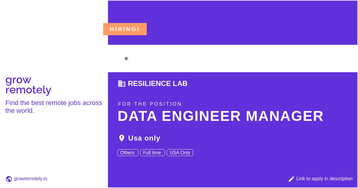 growremotelyio's tweet image. Check out this job at Resilience Lab for the position Data Engineer Manager.

 Apply link: growremotely.io/?id=62fd82a0c4…

#hiring #remotejobs #ResilienceLab #Others