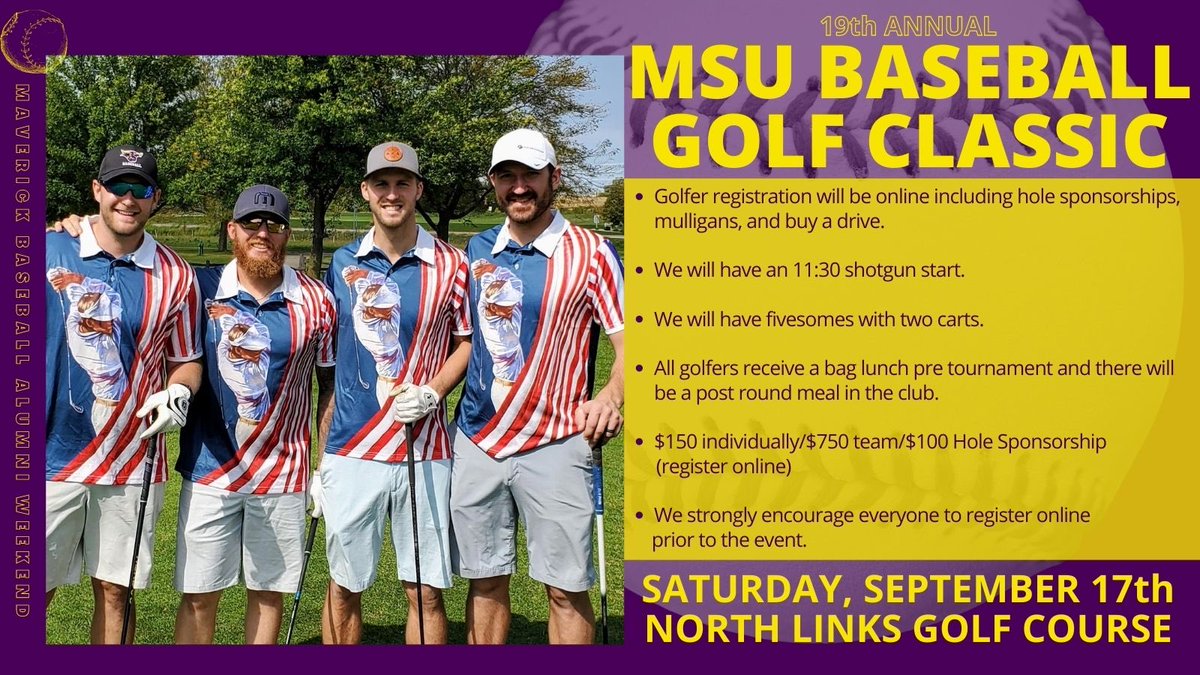 Mark your 📅 for the 19th Annual Alumni Weekend ⚾️Sept 16th Alumni Game ⛳️Sept 17th Golf Classic Events are open to all Baseball Alumni, Fans, and Supporters Golfer registration including hole sponsorships, mulligans, and buy a drive at: msumavericks.com/sports/2020/7/…