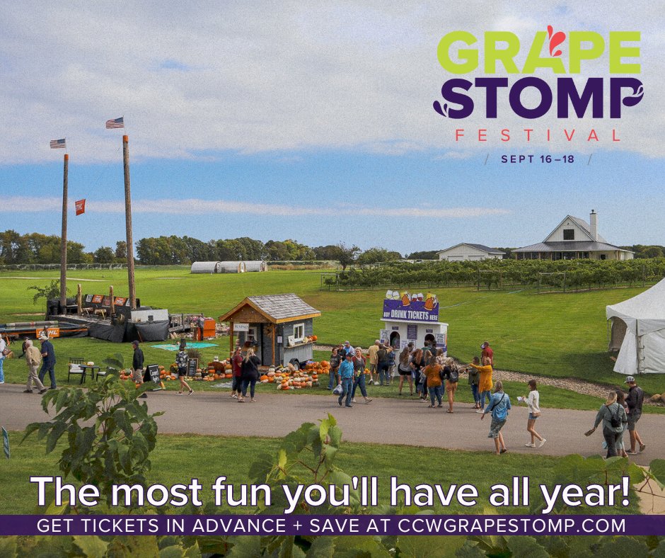Grab your friends and family and make a plan to get to Minnesota's largest wine festival for the most fun you'll have all year!

GET TICKETS: ccwgrapestomp.com/admissions-tic…

#ccwgrapestomp #carloscreekwinery #exploremn #explorealex #minnesota