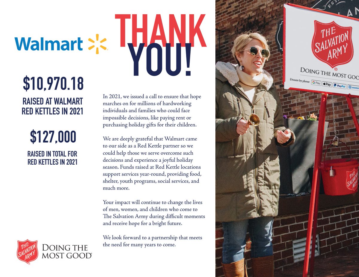 This Thursday, we'd like to recognize and thank the Walmart on Montgomery Crossroads for all their hard work last Kettle Season! We are so lucky to have them as a partner in #DoingTheMostGood in our community.

#ThankfulThursday