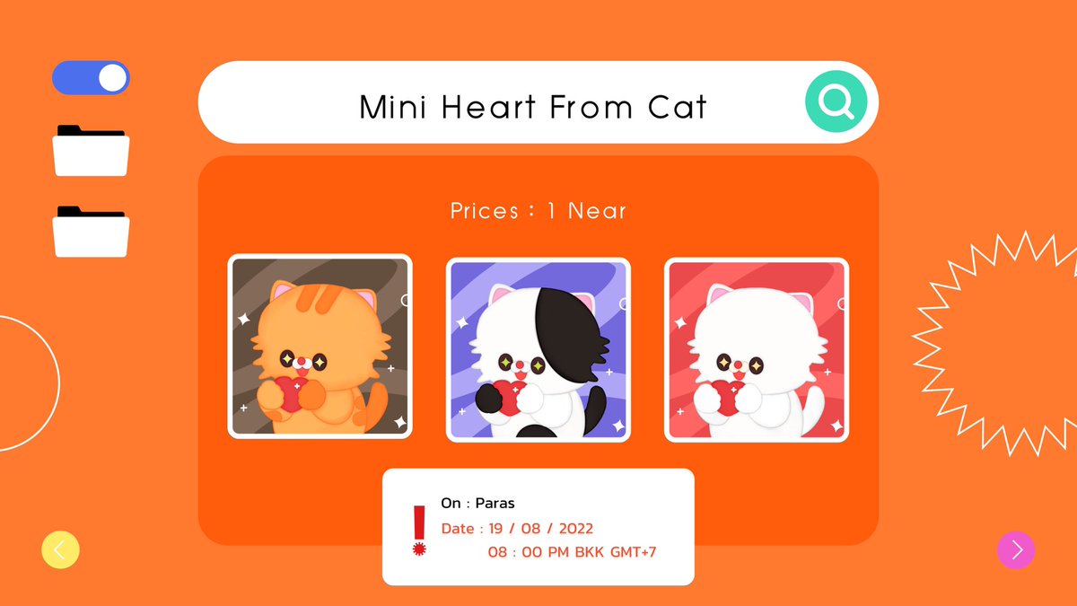New Drop 📣✨☁️
On : <a href="/ParasHQ/">Paras 🟩🟧</a>

Mini Heart From Cat 😻💖
What greater gift than the love of a cat ?

Prices : 1 Near

☎️ Date : 18 August, 2022
      08:00 PM (BKK GMT+7) 

Paras : paras.id/collection/min…

#nft #nftart #NFTCommmunity #parasHQ #NFTThaicommunity #near