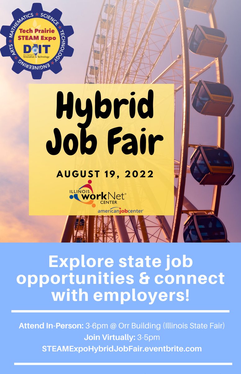 ILworkNet's tweet photo. Connect w/ hiring State Agencies at the #ILTechPrairieSTEAMExpo #JobFair.
🎡 3-6pm in the Orr Building, meet @CMSIllinois, @IllinoisDoIT, @ILDeptofLabor, @ISBEnews, @ILEPA, Auditor General
💻 3-5pm, virtually network w/ @IllinoisDCFS, @ILDeptofRevenue, CMS
https://t.co/ZHeauVsLcS https://t.co/lKTFLUB1Tx