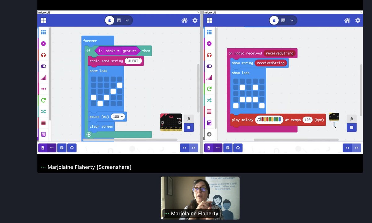 nk_azz's tweet photo. @kidscoding #KCJSummerInstitute, #Digital2030
Great presentation from @ Marjolaine. Flaherty on using Micro: bits to code real-world problems - detect light, play games, figure out who is taking the cookies, and find your dog when they go for your shoes! https://t.co/vvDQxm5gRh