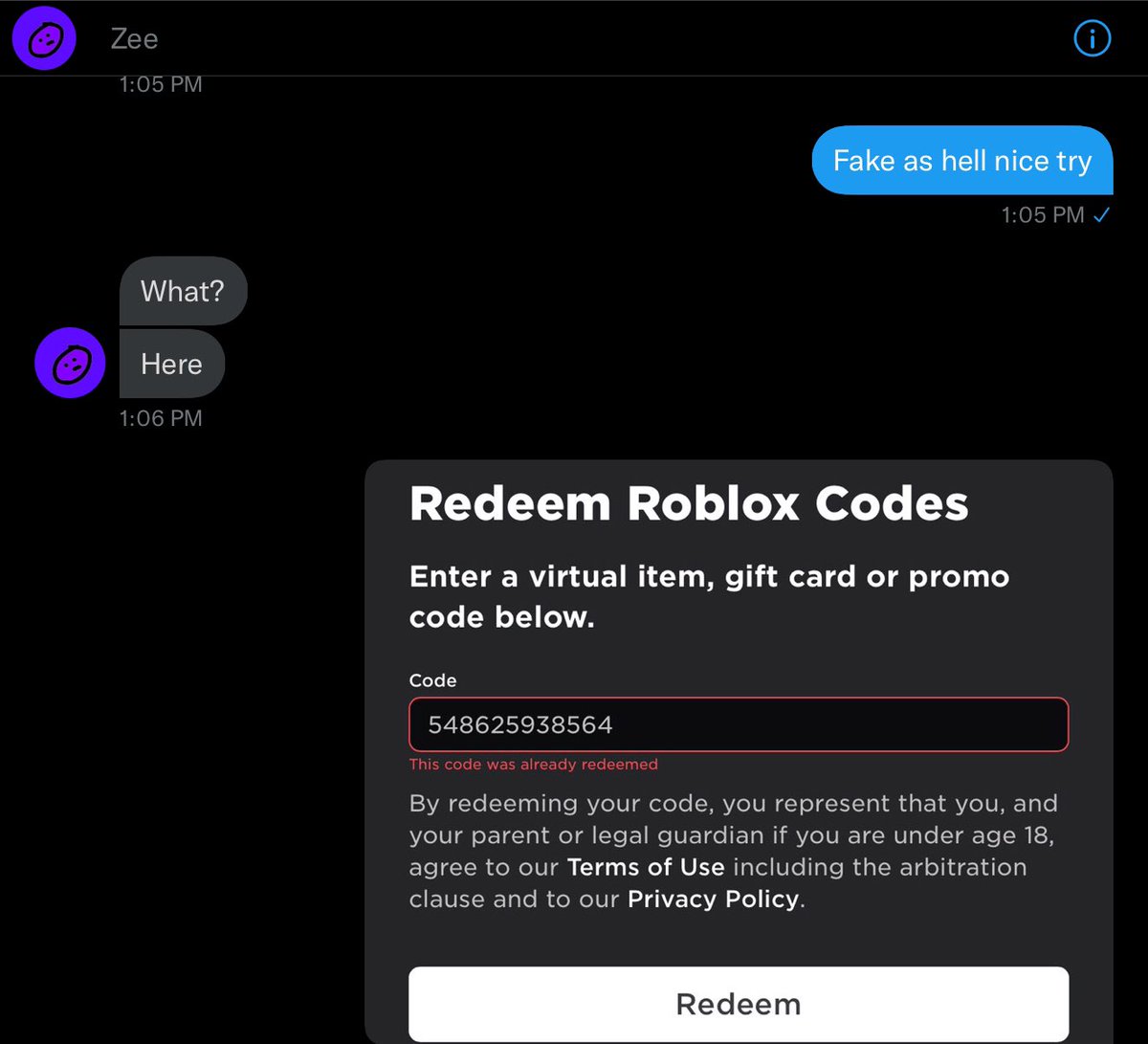 LovinqMarcus's tweet photo. Bruh some guy legit tried to scam me, but luckily it was from a code I already owned like 8 other copies of. They tried to make me send other toy codes lmao you can’t make this shit up #robloxtoys #roblox #robloxtoycode https://t.co/loG2eeMkkr