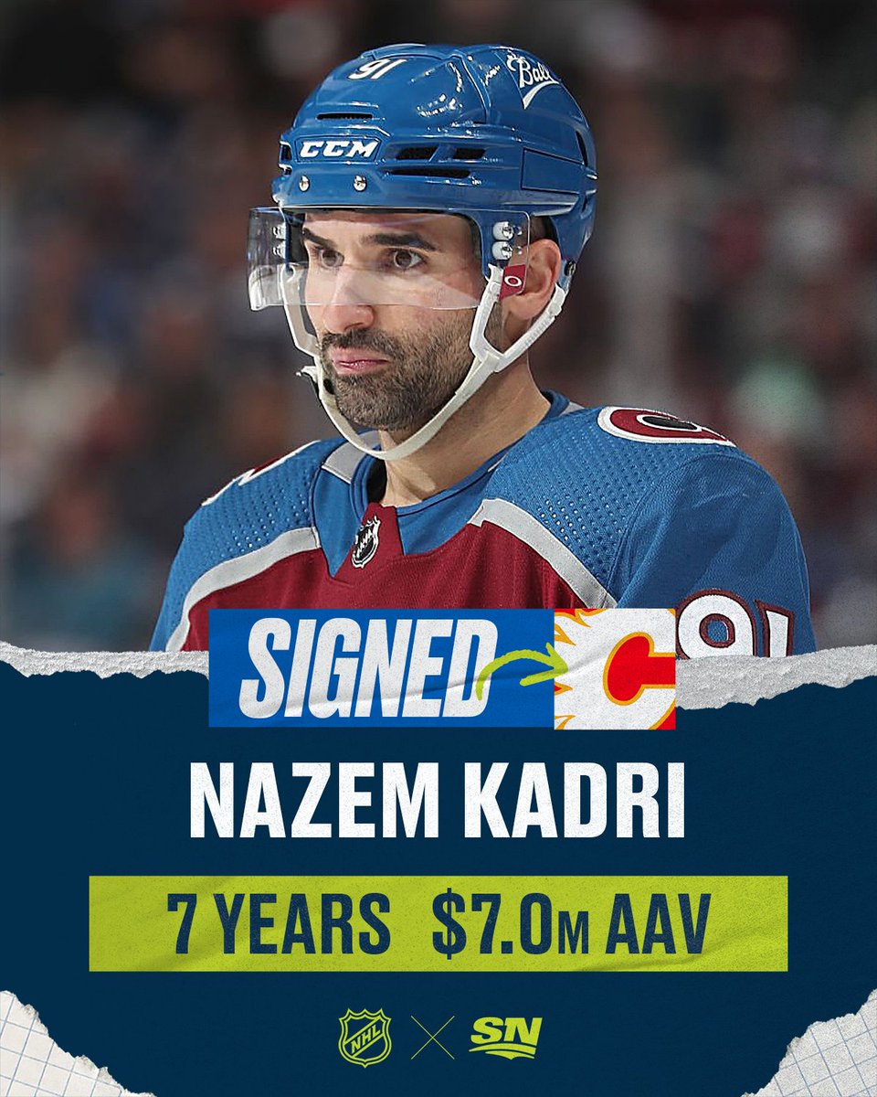 Sportsnet's tweet photo. Nazem Kadri is signing a 7-year deal with the @NHLFlames, per @FriedgeHNIC. ✍️ 

Thoughts on the deal? 🤔 https://t.co/UQteNQZZez