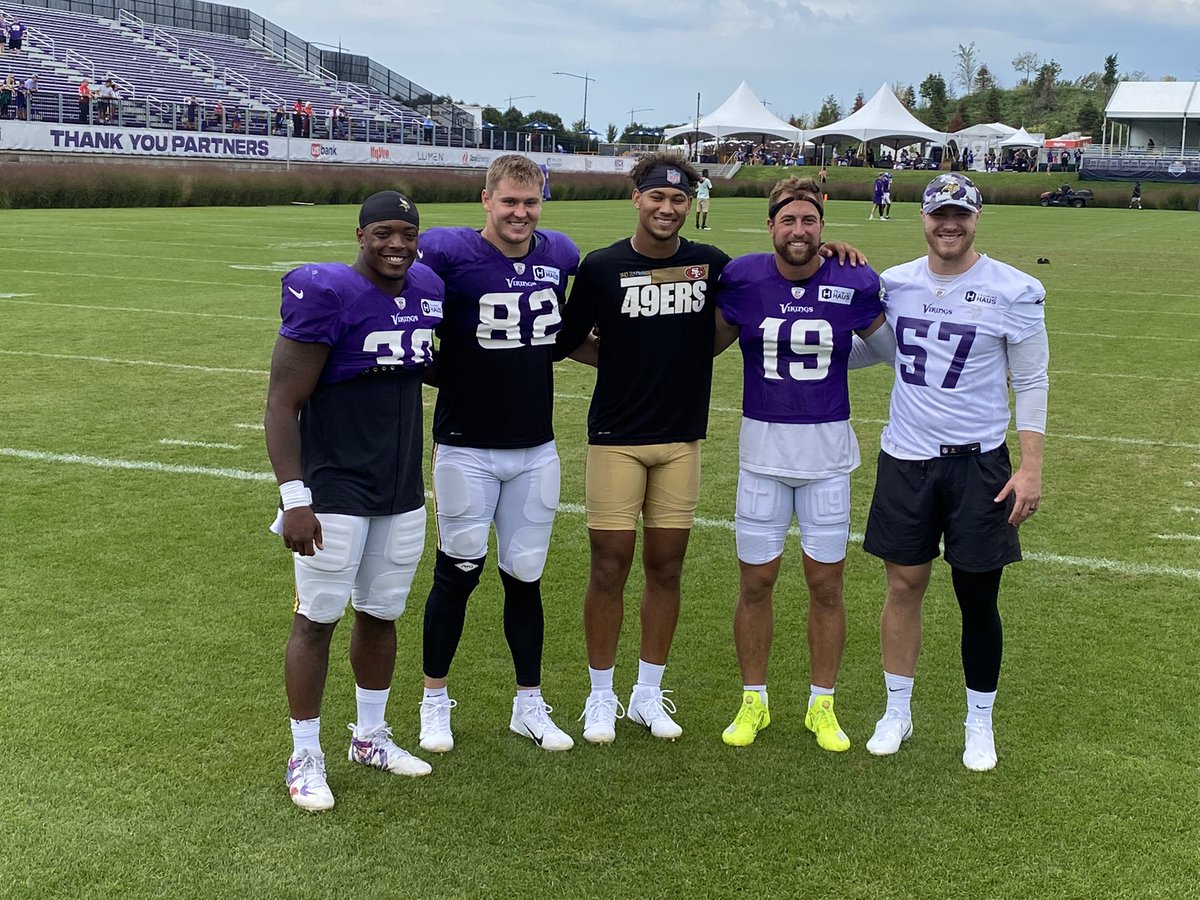 Minnesota’s contingent after Vikings-49ers practice. CJ Ham (Duluth), Ben Ellefson (Hawley), Trey Lance (Marshall), Adam Thielen (Detroit Lakes), Ryan Connelly (Eden Prairie).