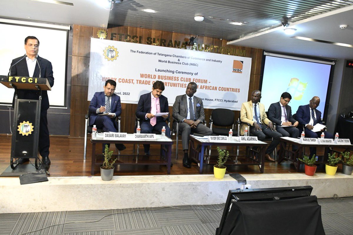 ChakrvarthiAVPS's tweet photo. His Excellency ambassador of Côte d'Ivoire Mr. Eric Camille N’dry along with his team visited @FTCCI and presented various bilateral business opportunities. Dr.Vishnu Vardhan Reddy IFS presented #telangana #happeninghyderabad #TSTPC @IvoryCoastWorld @AOuattara_PRCI @ACHIPatrick4 https://t.co/9rFTtdIAXS